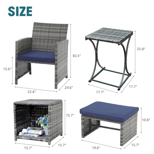 6 Piece Patio Furniture Conversation Set with Ottoman, Outdoor Grey Wicker Chair and Table Set, Balcony Furniture for Apartments, Navy Blue