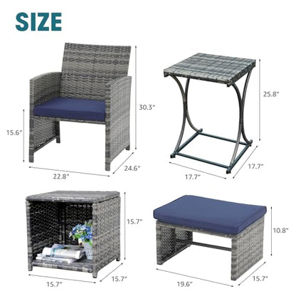 6 Piece Patio Furniture Conversation Set with Ottoman, Outdoor Grey Wicker Chair and Table Set, Balcony Furniture for Apartments, Navy Blue