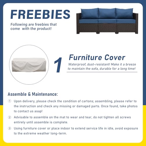 Patio Furniture 3-seat Sofa Brown Wicker Outdoor Furniture Outdoor Couch Deep Seat High Backrest Waterproof Cover Anti-Slip Washable Cushions, Navy Blue