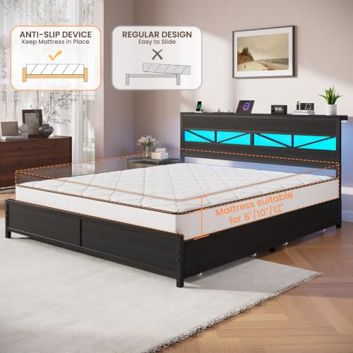 King Size Bed Frame with Storage Headboard and Charging Station, Black, view 7