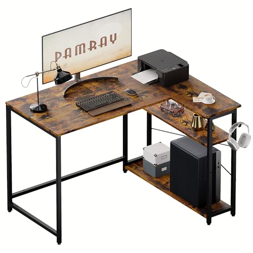 43 Inch L Shaped Computer Desk with Reversible Side Storage Shelves, view 2