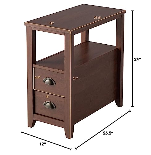 End Table W/ 2 Drawers and Shelf Space-Saving Rectangular Bedside Table with Metal Handle, Retro Side Table for Living Room Bedroom Home Furniture Side Table (1, Brown)