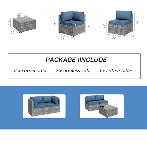 5 Piece Outdoor Patio Furniture Set,Silver PE Rattan Wicker Sectional Sofa, All Weather Conversation Set with Washable Cushions & Glass Coffee Table for Backyard Poolside Garden Porch,Navy Blue