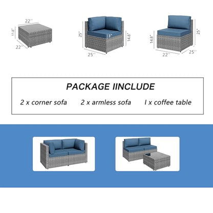 5 Piece Outdoor Patio Furniture Set,Silver PE Rattan Wicker Sectional Sofa, All Weather Conversation Set with Washable Cushions & Glass Coffee Table for Backyard Poolside Garden Porch,Navy Blue