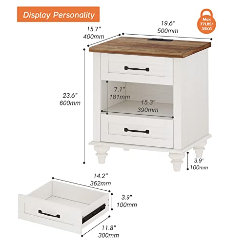 White Side Table with 2 Drawers, Night Stand with Charging Station, view 3