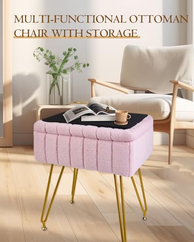 Vanity Stool with Storage, Faux Fur Makeup Stool with Metal Legs, Multifunctional Furry Footrest Ottoman Chair for Living Room Bedroom,Pink