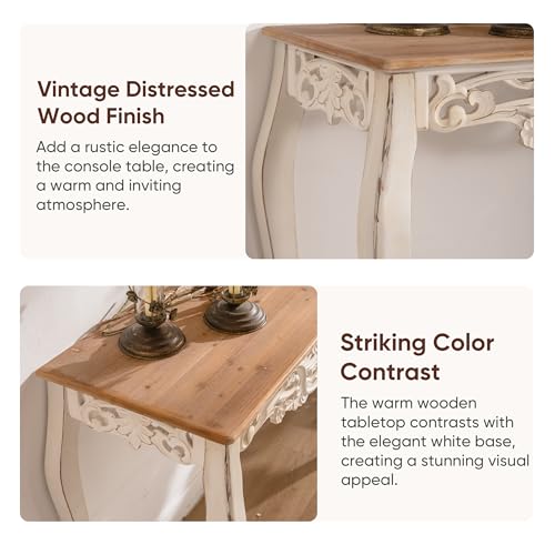 Console Table for Entryway with Carved Details, 43.31" Long Sofa Table Behind Couch, Vintage French Country Entry Table with Wood Carvings and Curved Legs for Hallway, Living Room - Antique White