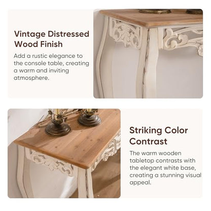 Console Table for Entryway with Carved Details, 43.31" Long Sofa Table Behind Couch, Vintage French Country Entry Table with Wood Carvings and Curved Legs for Hallway, Living Room - Antique White