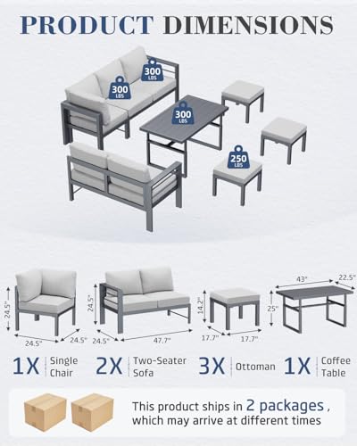 Aluminum Patio Furniture Set, 8 Seats Modern Outdoor Furniture with Adjustable Table, 7 Pieces Metal Conversation Sectional Sofa, Light Gray