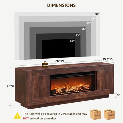 70" Fireplace TV Stand for 80" TV, 36" Electric Fireplace, Dark Walnut, view 3