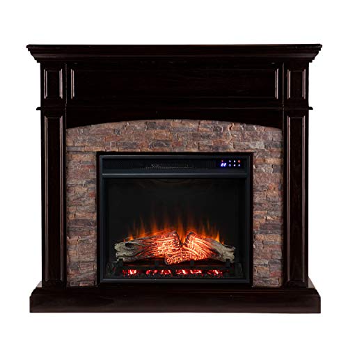 Grantham Convertible Touch Screen Electric Fireplace - Transitional Design, Brown Glass and Wood - Ideal for Living Room, Bedroom (FR9359)