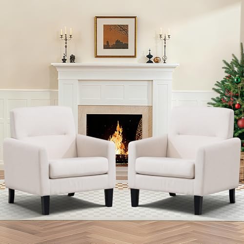 Accent Chairs Set of 2, Mid Century Modern Living Room Chairs Comfy Reading Chair with Upholstered Cushion Relax Armchair for Bedroom Apartment,Office, Begie