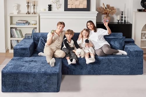105" L-Shape Modular Sectional Sofa Couch for Living Room,No Assembly Required,Modular Comfy Sofa with Deep Seat for Living Room Bedroom,Luxury Distressed Velvet(Left,Blue)