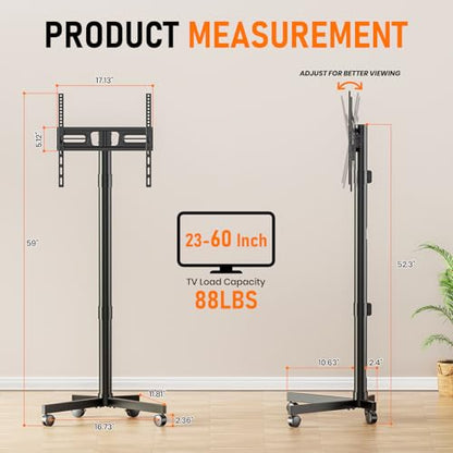 Mobile TV Cart Rolling TV Stand for 23-60 Inch LCD LED OLED Flat Curved Screens up to 88 lbs, Height Adjustable Portable TV Cart with Locking Wheels, Outdoor TV Stand Mount, Max VESA 400x400mm, Black