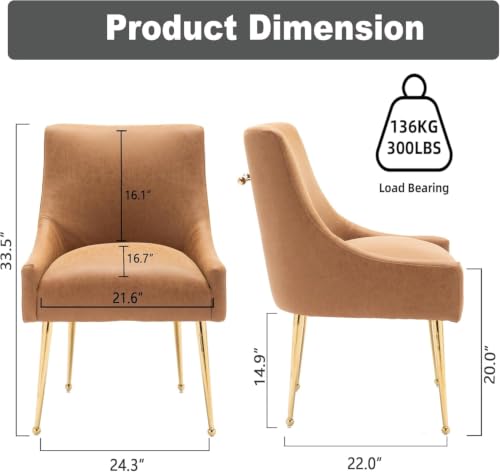 Dining Room Chair Faux Leather Vanity Chairs Set of 2 Mid-Century with Metal Legs Upholstered PU Leather Luxury Accent Chairs Living Room Restaurant(Brown)