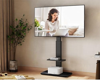 Floor TV Stand for Bedroom, Living Room, Tall Corner TV Stands for TVs 32 37 43 50 55 60 65 75 Inch Swivel TV Mount Stand with Height Adjustable Shelf Upgrade Sturdy Wood Base, Black