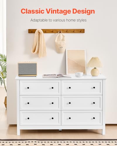 6 Drawer White Dresser, Wood Dresser Chest of Drawers with Middle Sliding Leg, view 3