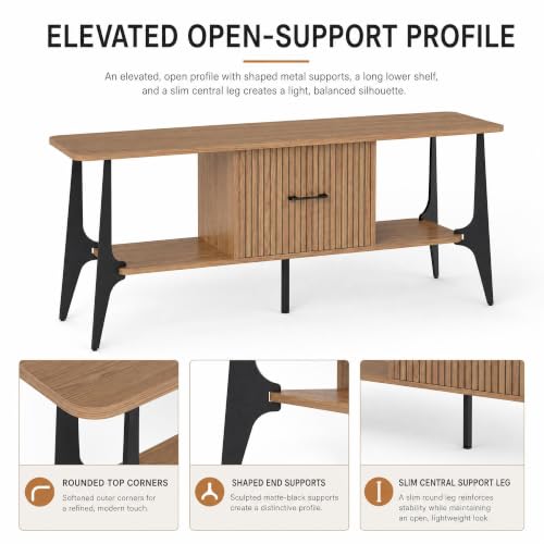 Modern TV Stand, Fluted Media Console with Storage, Open Shelves, Oak, view 5