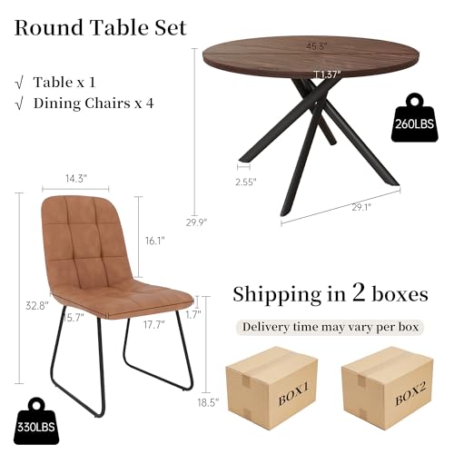 45.3 Inch Round Dining Table Set for 4, Mid Century Modern Small Coffee Set for Dining Room Kitchen Apartment (Dark Walnut Table + 4 U-Shaped Brown Chairs)