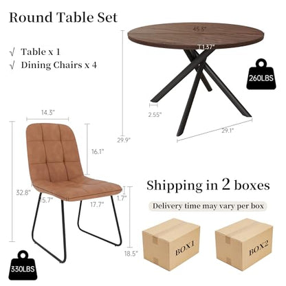 45.3 Inch Round Dining Table Set for 4, Mid Century Modern Small Coffee Set for Dining Room Kitchen Apartment (Dark Walnut Table + 4 U-Shaped Brown Chairs)