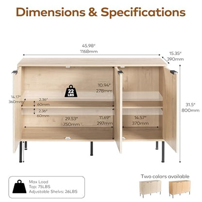 Modern Buffet Sideboard Cabinet with Storage, Fluted Coffee Bar with 3 Doors and Adjustable Shelves, Wood Console Cabinet for Dining Room, Kitchen, Living Room, Entryway