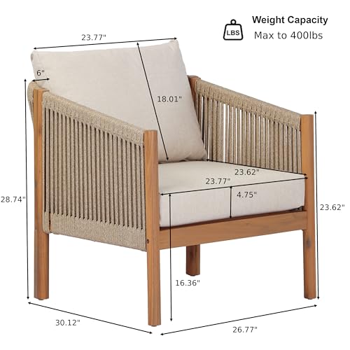 Bubi Acacia Wood Lounge Chair Outdoor with Cushion, Solid Wood Patio Accent Chair with Woven Rope Accents, Patio Furniture Set Sofa Chair, Teak+Beige