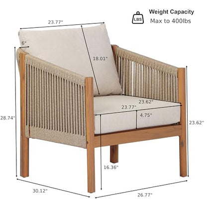 Bubi Acacia Wood Lounge Chair Outdoor with Cushion, Solid Wood Patio Accent Chair with Woven Rope Accents, Patio Furniture Set Sofa Chair, Teak+Beige