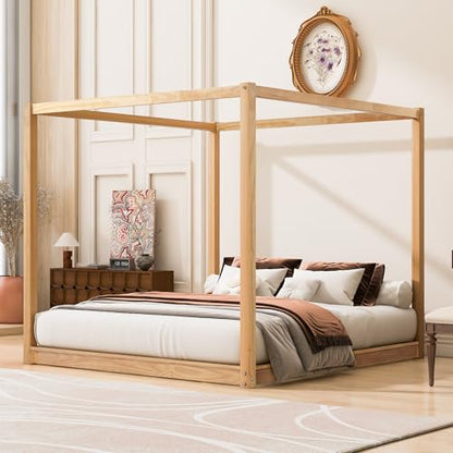 Modern King Size Wood Canopy Bed Floor Platform Bed Frame/No Box Spring, view 5