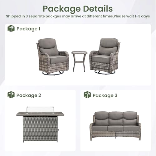 Luxury Patio Furniture Set with 6-inch Thick Cushion, Outdoor Furniture with Fire Pit Table, Swivel Chairs, Side Table, Sofa, 5pcs Wicker Conversation Set for Deck Yard(Grey Wicker/Grey Cushion)