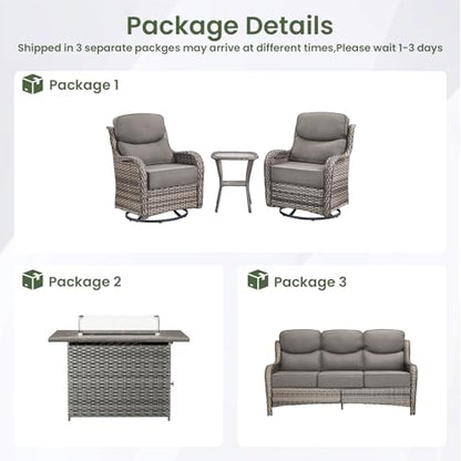 Luxury Patio Furniture Set with 6-inch Thick Cushion, Outdoor Furniture with Fire Pit Table, Swivel Chairs, Side Table, Sofa, 5pcs Wicker Conversation Set for Deck Yard(Grey Wicker/Grey Cushion)