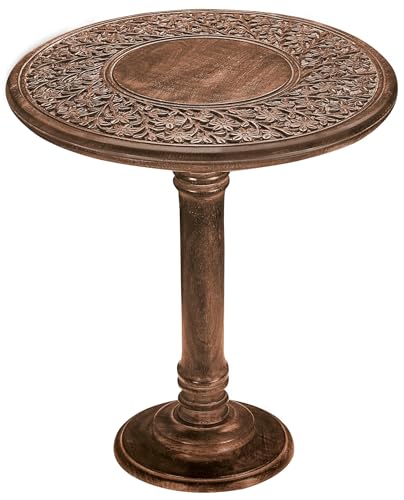 Wooden End Table for Living Room - 18x22 Burnt Finish Carved Side Table, Single Pillar Nightstand, Bedside Table for Books, Plants, Magazines, Small Space Accent Table