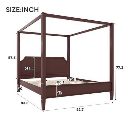 Walnut Wooden Canopy Bed Frame Queen with Tall Headboard, view 3
