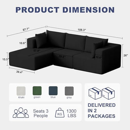 108" Boneless Couches for Living Room, Modular Cloud Couch Sofa - L Shap Corduroy Sectional Sofa, Fluffy Memory Foam Sleeper Sofa Furniture, No Assembly, Wide Armrest, Black