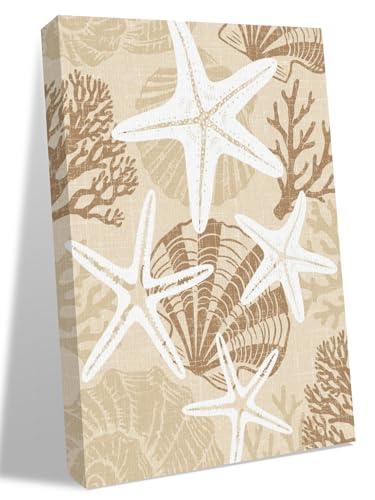 NuYeBiofx Abstract Starfish Khaki Shell Canvas Wall Art Prints,48"x32" Framed Picture Artwork Summer Nautical Coral Printed Canvas Oil Painting for Living Room Bedroom Office,Ready to Hang