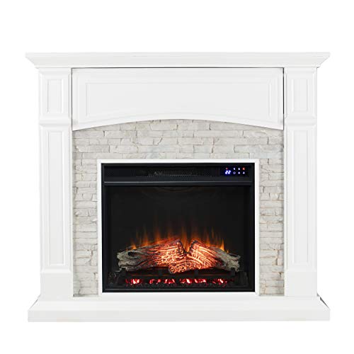 Seneca Electric Touch Screen Media Fireplace - White - Transitional Design, White Glass and Wood - Ideal for Living Room, Bedroom (FR9362)