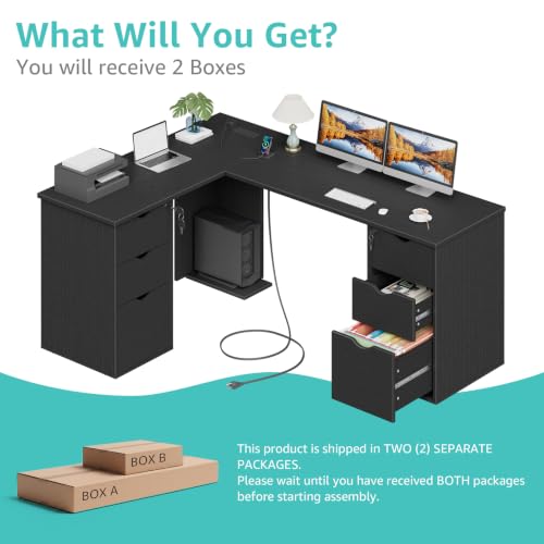66" L Shaped Desk with 6 Lockable Drawers, Black Corner Computer Desk, view 6