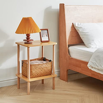 2-Tier Side Table, Solid Wood Tall End Table with Storage Shelves, Nightstand Bedside Table for Living Room Bedroom Office, No-Tool Assembly, Natural UWST002N
