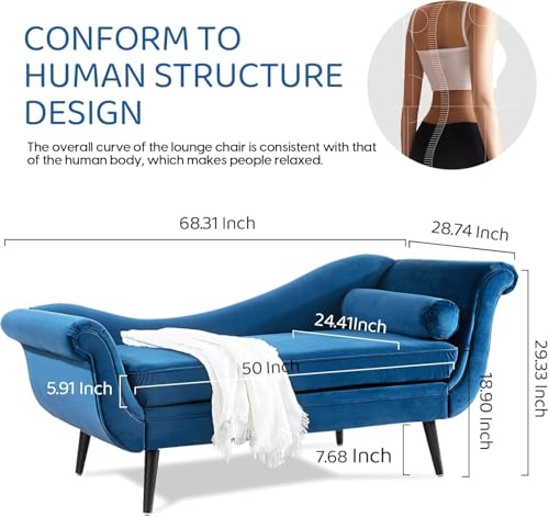 68" Blue Velvet Chaise Lounge Chair, Vintage Scroll Arm & Wave Back Sofa, view 3