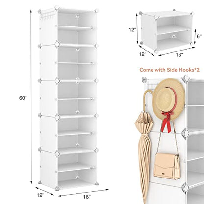 10 Tier Shoe Storage Cabinet with Door, Portable Narrow Organizer Rack for 20 Pairs, White Plastic with Hooks for Entryway or Bedroom