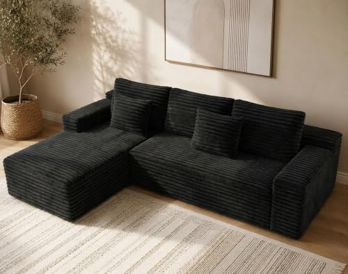 Boneless Modular Sectional Sofa, Left/Right-Facing Cloud Couch | Oversized deep seat, L-shaped design, soft corduroy fabric, ideal for living room, black.