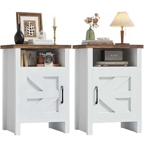 Farmhouse Nightstand, Modern Bedside Table with Barn Door and Shelf, Rustic End Table Side Table for Bedroom, Living Room(2, Rustic & White)