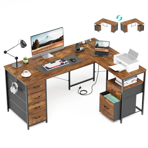 55 Inch L Shaped Office Desk with 6 Drawers & Type-C Port, Rustic Brown, view 2