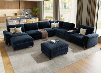 Large Cloud Couch, 138" Wide 8 Seat V Shaped with Console, Navy Blue | Detachable and Washable Chenille Cover Sectional Sofas for Living Room, Deep Seat Wide Couch with Chaise, Storage Ottoman