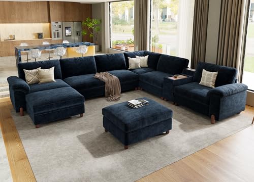Large Cloud Couch, 138" Wide 8 Seat V Shaped with Console, Navy Blue | Detachable and Washable Chenille Cover Sectional Sofas for Living Room, Deep Seat Wide Couch with Chaise, Storage Ottoman