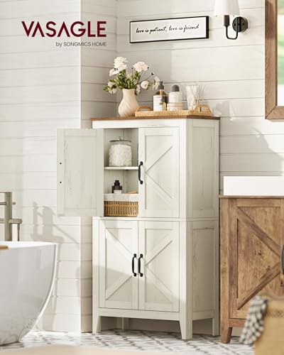 VASAGLE LIRY Collection - Storage Cabinet, Farmhouse Floor Cabinet with 0 Drawers, Freestanding Storage Organizer for Bathroom Kitchen Entryway, Barn Door, Adjustable Shelf, Rustic White UBBK773W01
