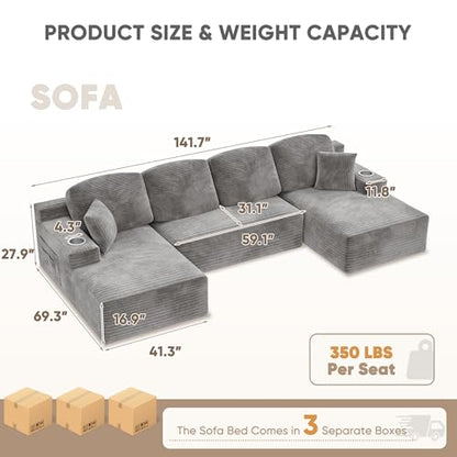 142" Boneless Couch, Modular Sectional Sofa, No Assembly Required, Memory Foam Filling, Corduroy U-Shaped Sofa, Movable Multi-Person Couch for Living Room (Grey)