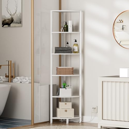 6 Tier Corner Shelf with LED Light, 67.5” Tall Standing Shelf Organizer, White Narrow Bookshelf with Storage Rack for Wall Corner, Living Room, Bedroom, Metal Frame, Wood Display Shelf