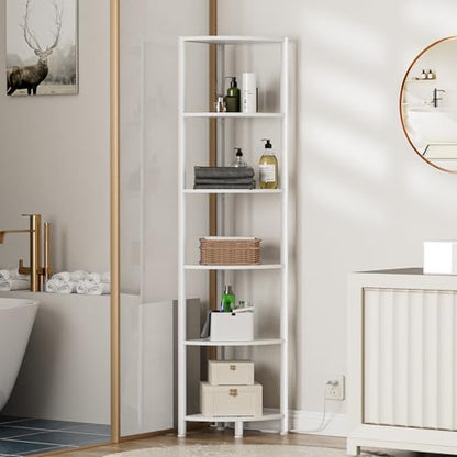 6 Tier Corner Shelf with LED Light, 67.5” Tall Standing Shelf Organizer, White Narrow Bookshelf with Storage Rack for Wall Corner, Living Room, Bedroom, Metal Frame, Wood Display Shelf