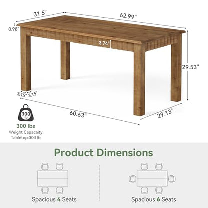 63-Inch Solid Wood Dining Table for 6, view 3