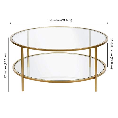 36" Wide Round Coffee Table with Glass Top in Brass, Round Coffee Table for living room, studio apartment essentials